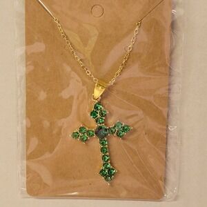 Green Cross Pendant Necklace Goldtone Costume Jewelry